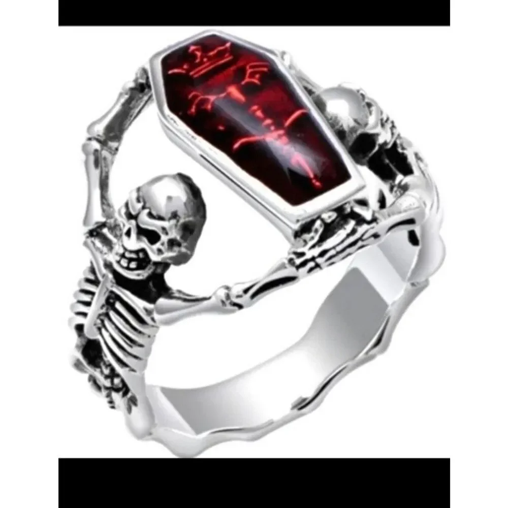 Mens Hand crafted punk rock Zircon skull and casket men's ring sz 11
